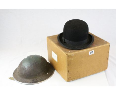World War II Warden's Helmet together with a Cardboard Boxed Bowler Hat