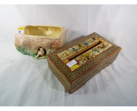 A good lot to include a wooden inlaid tissue box cover and a Sylvac planter