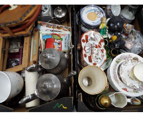 A good mixed to include tableware, ceramics, plated teapots, a small collection of postcards, costume jewellery, a chess set,