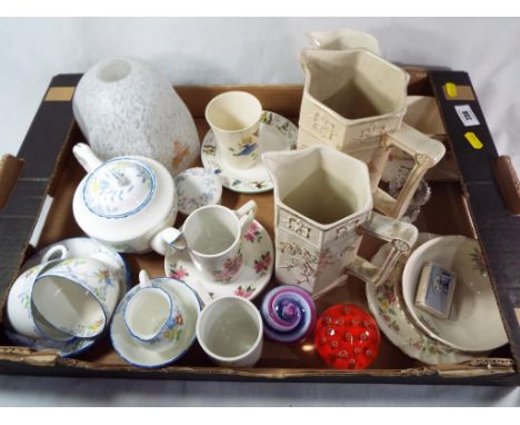 A good mixed lot of glassware and ceramics to include a vintage glass lamp shade, ceramics to include Wedgwood, Crown Chelsea