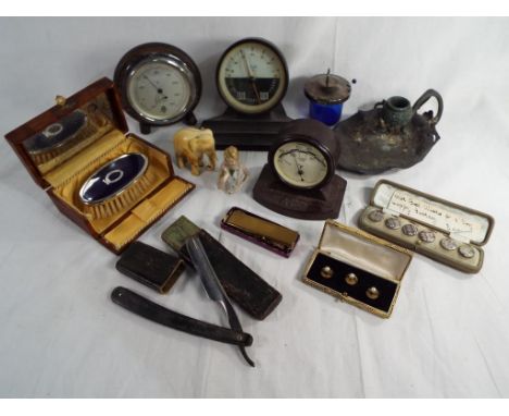 A good mixed lot to include two Rototherm thermometers, a Polar thermometer, a Carr Brothers cut throat razor, clothes brush,