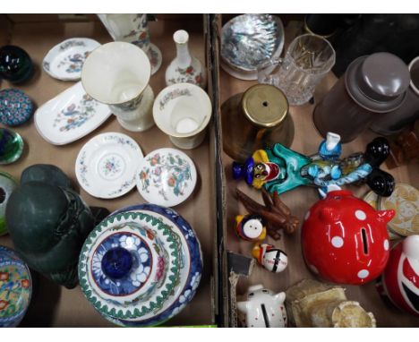 A good mixed lot to include eight pieces of Wedgwood Kutani Crane, two Poole Pottery owls, four glass paperweights, an Orient