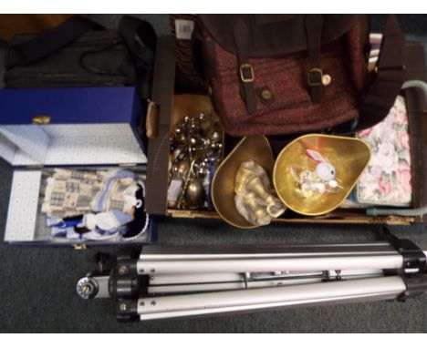 A good mixed lot to include sewing and craft materials, two sets of kitchen scales, a quantity of silver plated spoons,a coll