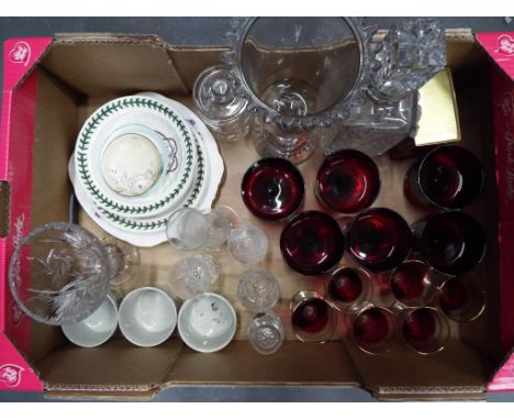 A good mixed lot to include four pieces of Portmeirion, a decanter, a collection of glassware, three Wedgwood ramekins, three