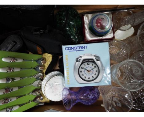 A good mixed lot to include three pairs of binoculars, a camera, six Portmeirion spoons decorated with flowers, a silver plat