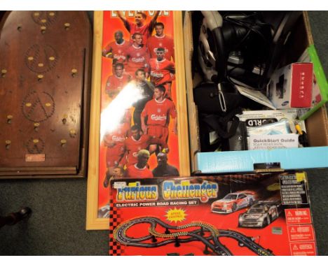 A good mixed lot to include a Furious Challenger Electric Power Road Racing set, boxed, a vintage wooden bagatelle game, a fr