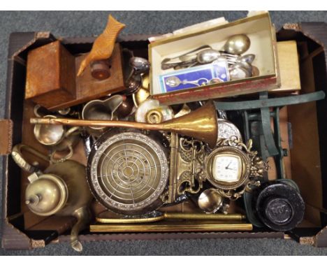 A good mixed lot to include a set of cast iron kitchen scales, a wooden carved cigarette case, a decorative brass clock, a qu