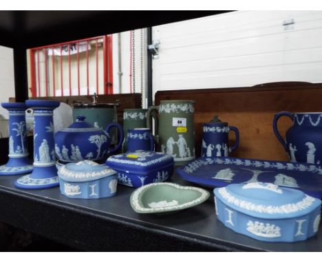 Wedgwood - a collection of 18 pieces of ceramic tableware by Wedgwood Jasper Ware to include pale blue, green and dark blue (