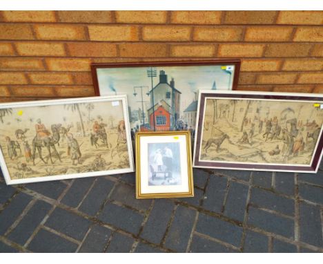 A good lot comprising two tapestries framed under glass depicting Middle Eastern scenes , approximately 68 cm x 44 cm, a prin
