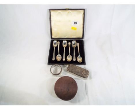 A set of six hallmarked silver teaspoons, a hallmarked silver pin cushion and two further silver hallmarked and glass topped 