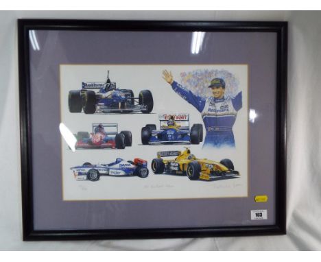 A signed limited edition print of Damon Hill by Patrick Loan, No. 486 of 850, overall size 54 cm x 44 cm, image size 38 cm x 