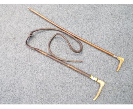 A bone handled riding crop with hallmarked silver mount Birmingham assay 1913, approximately 185 cm (l) and a walking stick