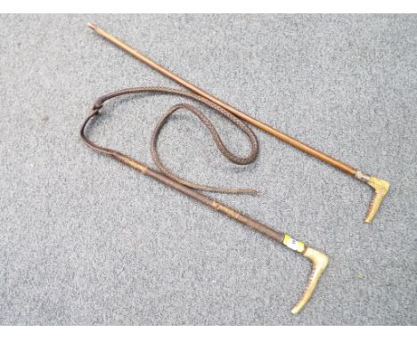 A bone handled riding crop with hallmarked silver mount Birmingham assay 1913, approximately 185 cm (l) and a walking stick