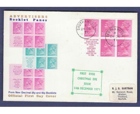 Great Britain - 1971 24th Dec 12 ½p Booklet pane with first ever Christmas Eve issue 24th December 1971 Cachet. Labelled addr