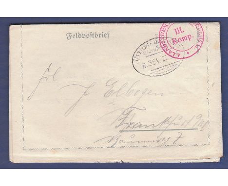 WWI Feldpostbrief (Letter) with division stamp, 'Landstrum Inf. Bat. Bruchsal. III Komp' in red ink dated 21.5.15