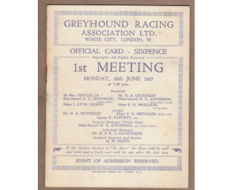 Greyhound Racing 1927 White City London Official Card (Monday 20 June) First Meeting (7 Races) Scarce.
