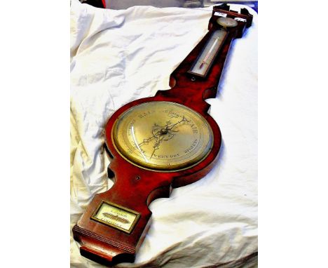 A good quality, 19th C, flame mahogany banjo barometer with swan neck pediment and brass finial. The silver dial with pierced