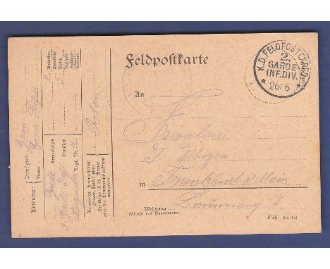 WWI Feldpost with division stamp, '2nd Garde- Inf.Div 26/6, sent to Frankfurt. 