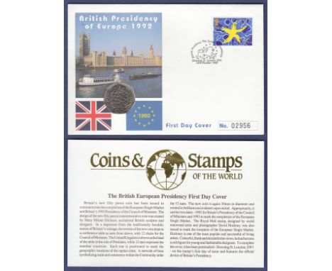 Great Britain - 1992 13th October Single European market FDC with special hand stamp. And 50p coin unaddressed