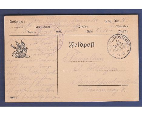 WWI Feldpost with division stamp, '2nd Garde- Inf. Div 6/6, sent to Frankfurt. Faded stamp mark.