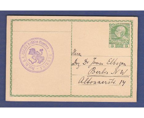 Foreign Postcards - Austria/Hungary 5 Heller Postal Stationary card used Trieste to Berlin. Postal stamp in violet ink 'Prof,