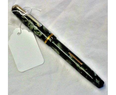 Burnham B48 c.1953 - Light/dark grey marble with black veins 'Burnham' Logo on clip, clear barrel imprint. Trim id rolled gol