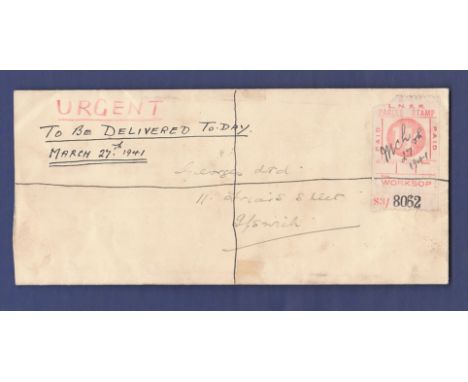 Railwayana 1941 LNER 11d Parcel stamp used on envelope Worksop to Ipswich. Scarce.