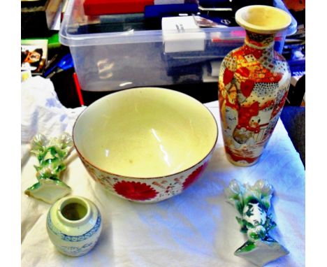 An oriental hand painted vase 12", number '43' on the base, rim cracked; other including tureen, ceramic bowls.
