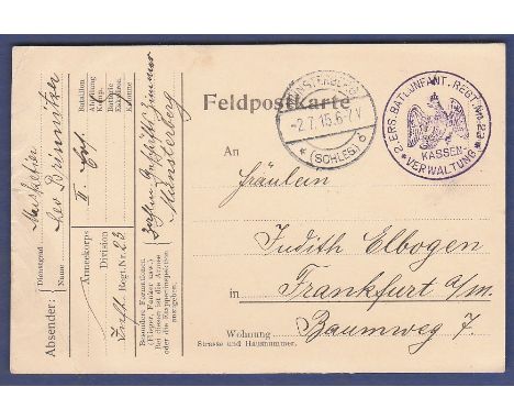 WWI Feldpost with Division stamp in violet ink ' 2.Ers.Batl. Infant. Regt. Nn. 23 Kassen-verwaltung' with Prussian eagle, Dat