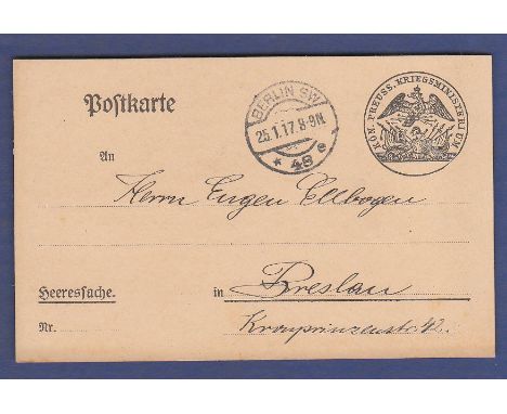 WWI Feldpost with stamp, 'Kon. Preuss. Kriegsministerium' Addressed to Breslau dated 15.12.1916. Excellent stamp mark.