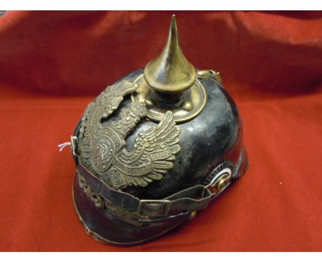 WWI Imperial German Pickelhaube, Other ranks helmet with Colberg 1807wappen. Aging and scratches to the shell. Possible repro