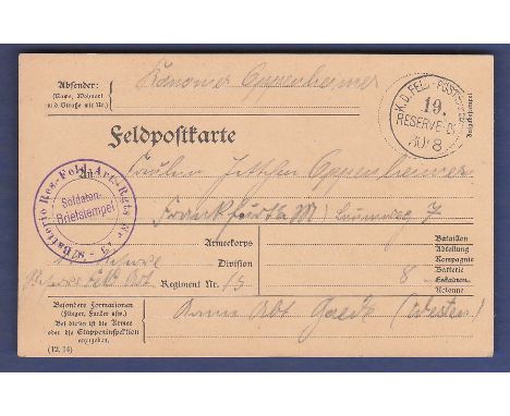 WWI Feldpost with division stamp in Violet ink, '8. Batterie Res-Feld-Art. Rgts No.15' Sent from the Western Front to Frankfu