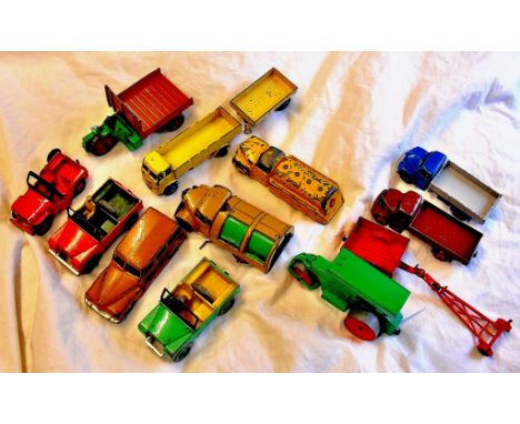 Dinky - Mixed Range (12) Including Refuse Truck, Petrol Truck, Steam Roller, Jeeps etc. Poor to good.