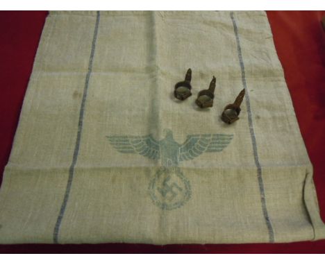 WWII German Food Sacks with Eagle stamp and three Booby Trap clamps as used to fix Stick Grenades to Tress fences etc. Found 