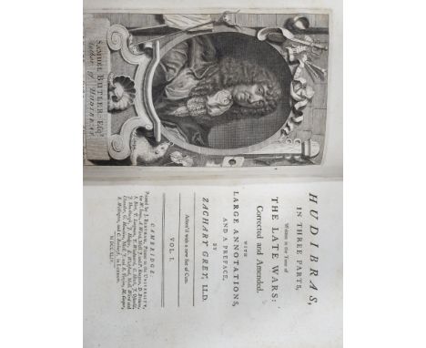 Butler, Samuel. Hudibras, in Three Parts... edited by Zachary Grey, 2 volumes, LARGE PAPER COPY, engraved portrait frontispie