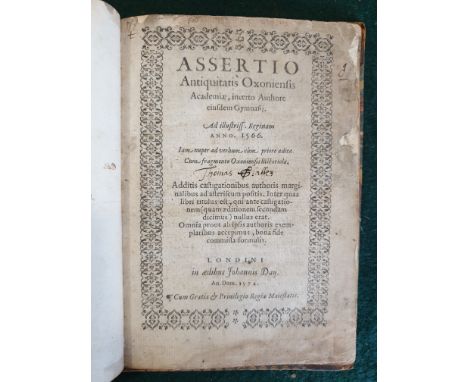 Caius, Thomas. Assertio Antiquitatis Oxoniensis Academiae..., first edition, title repaired with slight loss to marginal note