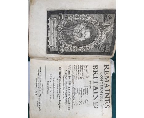 Camden, William. Remaines concerning Britaine, fifth impression, later issue, engraved portrait frontispiece, Mm4 with paper 