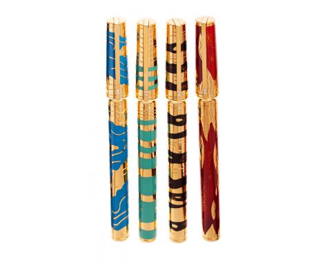 DUPONT "LES ELEMENTS" FOUNTAIN PENS. LIMITED EDITION.Barrel in 18 Kts gold plated stainless steel and lacquered in various co