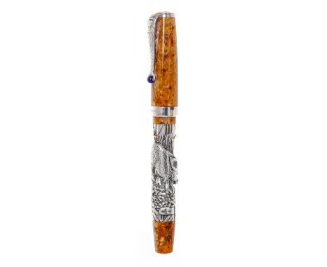 MONTEGRAPPA FOUNTAIN PEN "ZODIAC".Yellow resin barrel with silver case with Pig.Limited edition.Two-tone 18 Kts gold nib. 18 