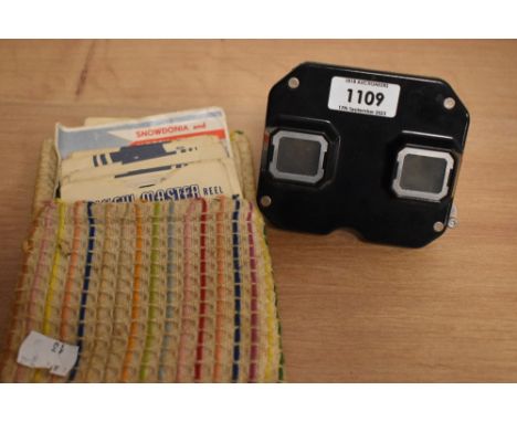 A vintage Sawyers View-Master and a selection of reels, including Spain, Scotland and Strattford Upon Avon interest.