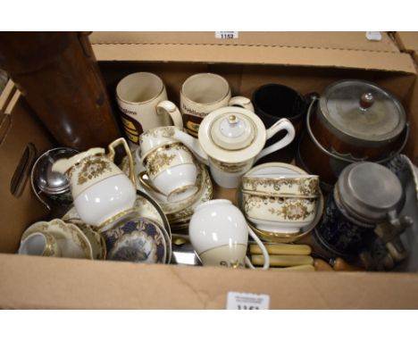 A vintage leather telescope case, two Sadler Bodingtons vintage beer tankard, a barrel biscuit jar, a selection of bone handl