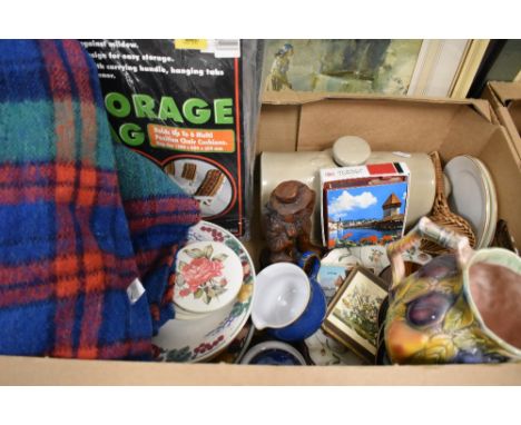 A falcon Ware fruit decorated jug, a stoneware hot water bottle, a selection of assorted plates and a vintage woven blanket e