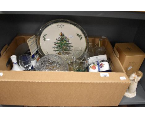 An assortment of glass and tableware including a Spode stand, eight Royal Worcester egg coddlers, a crystal rose bowl and a W