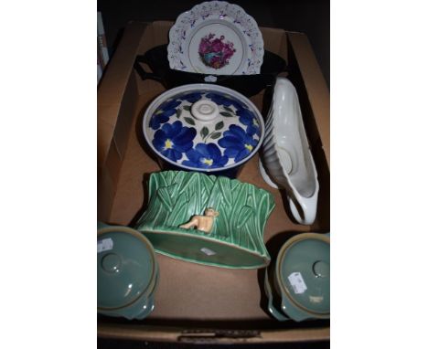 Four small Denby lidded dishes, a Wedgwood footed black plant trough sold alongside with a similar white plant trough and a S