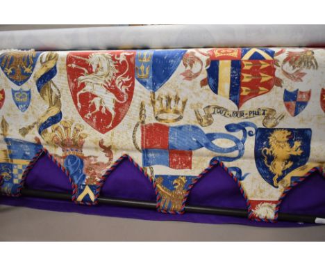 A vintage fabric window blind, decorated with a French heraldic design, 104cm wide