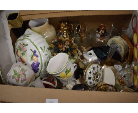 An assortment of items including a Poole dolphin, fruit decorated kitchenware etc.