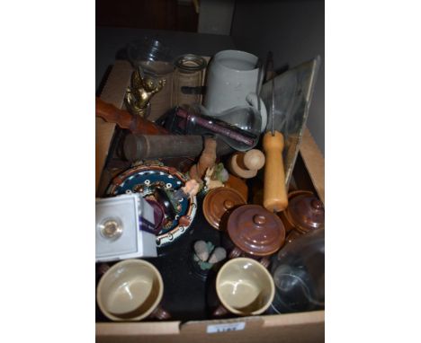 A miscellaneous assortment of items to include Royal Mint silver sixpence in presentation box, a metal storage box, wooden to