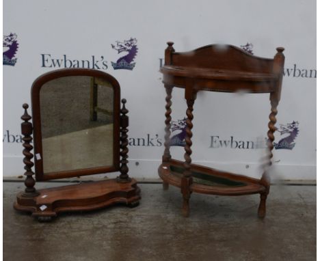 19th century mahogany bedroom mirror and an oak stick stand 