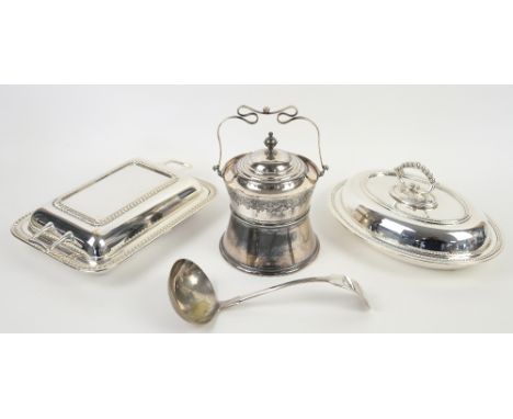 Two silver plated entree dishes, plated buscuit barrel, ladle