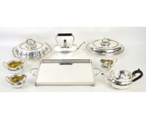 A selection of silver plated items including tureens and covers, tray, teapot, etc